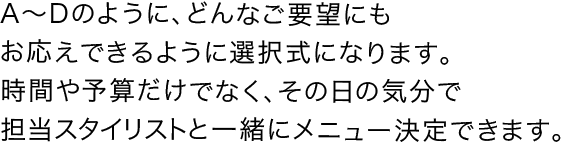 A〜Dのように、どんなご要望にもお応えできるように選択式になります。時間や予算だけでなく、その日の気分で担当スタイリストと一緒にメニュー決定できます。